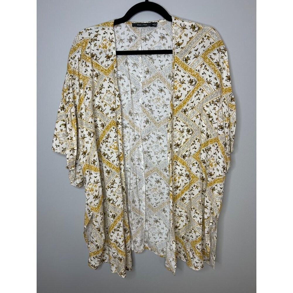 Doe & Rae kimono cardigan women’s size OS yellow and cream floral flowy comfy